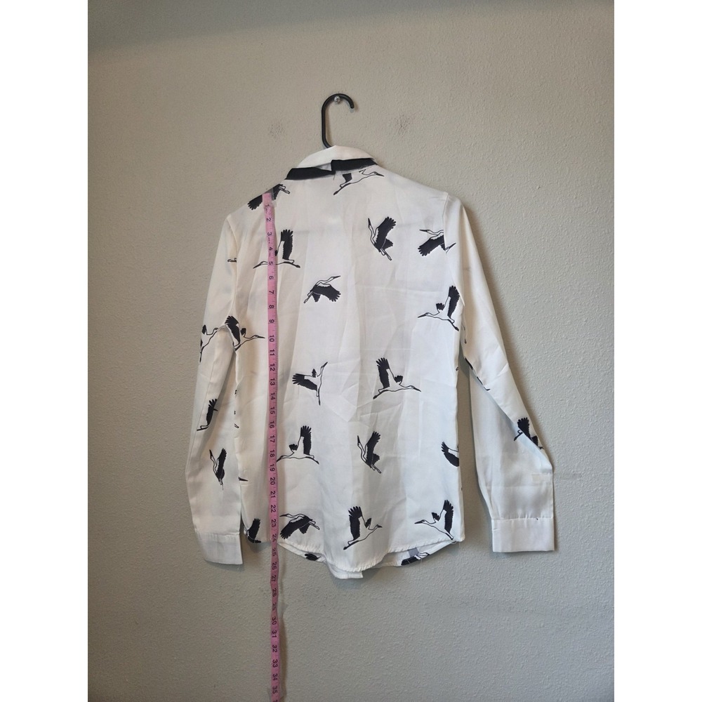 White Bird Print Bow Tie Neck Collared Long Sleeve Button-Up Blouse M - Picture 7 of 10